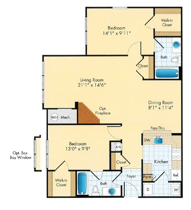 Floor plan for 2 beds, 2 baths, 1052 sqft